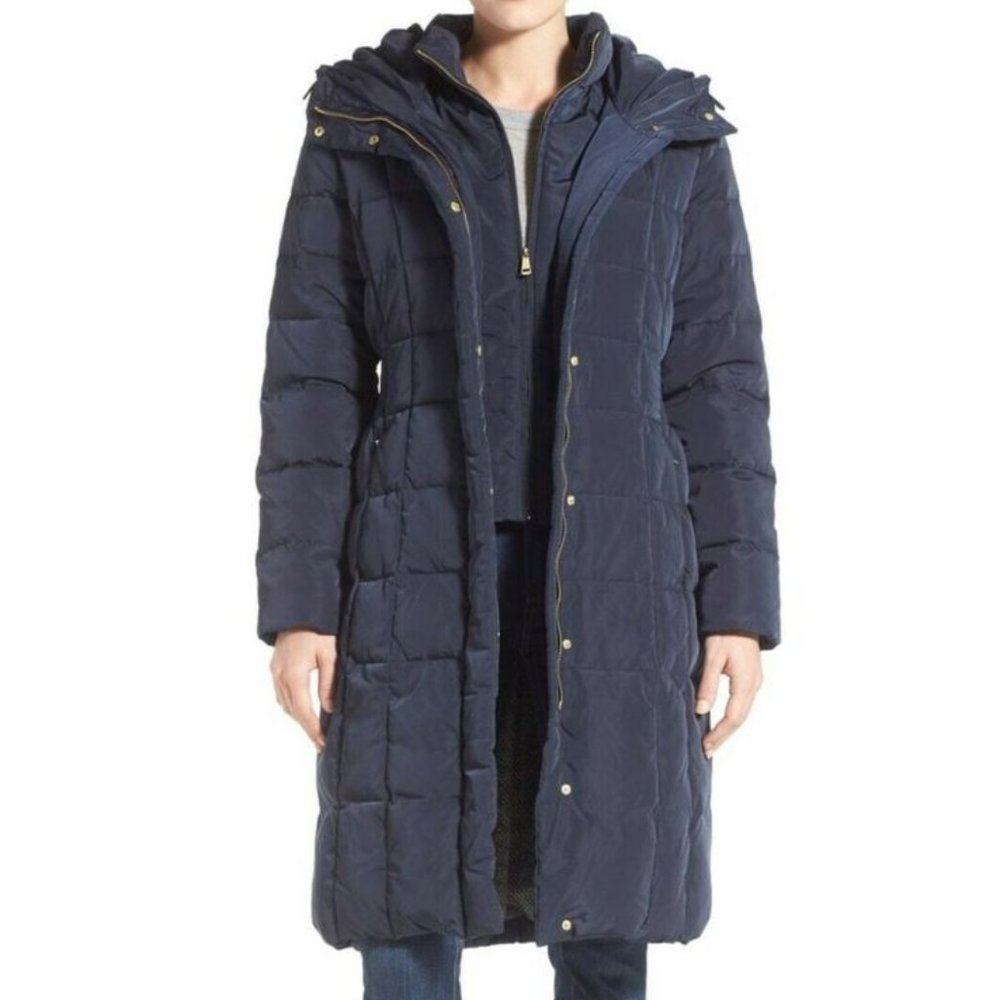 Cole Haan Signature Navy Long Down Puffer Coat Hooded Size XS NWT